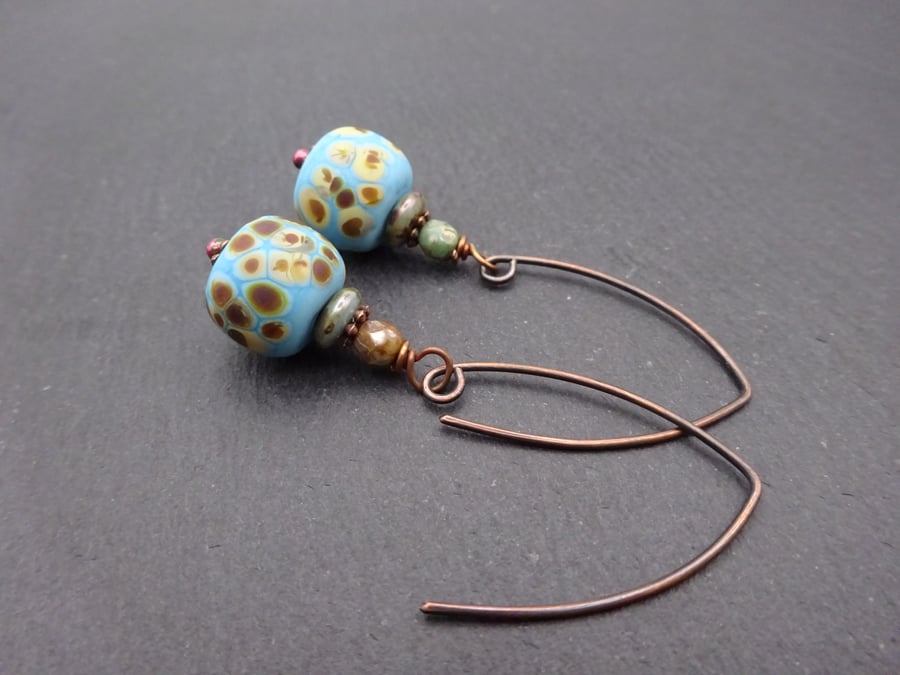 blue lampwork glass earrings, copper jewellery