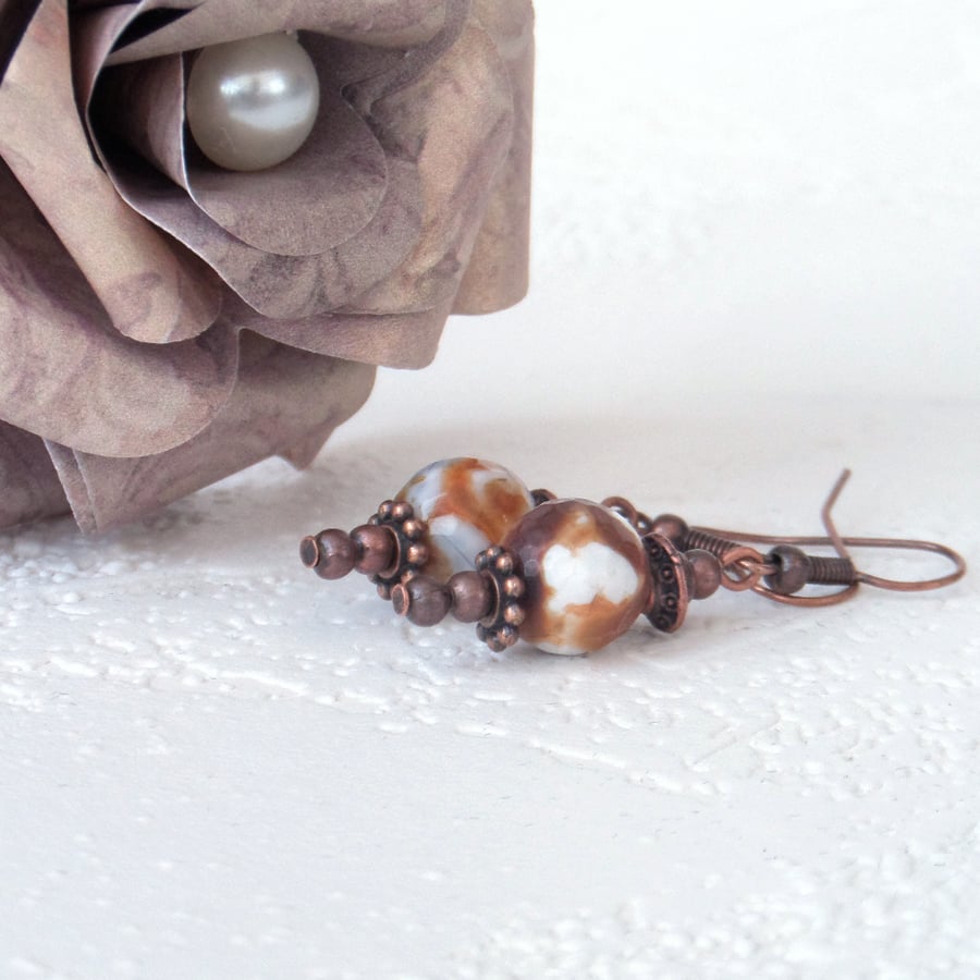 Caramel and white agate and copper earrings