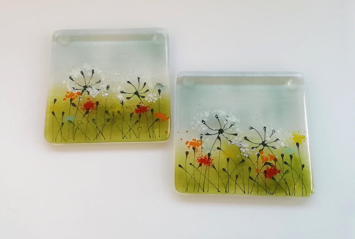 Fused Glass Flower Coasters: Meadow Design, Set of Two