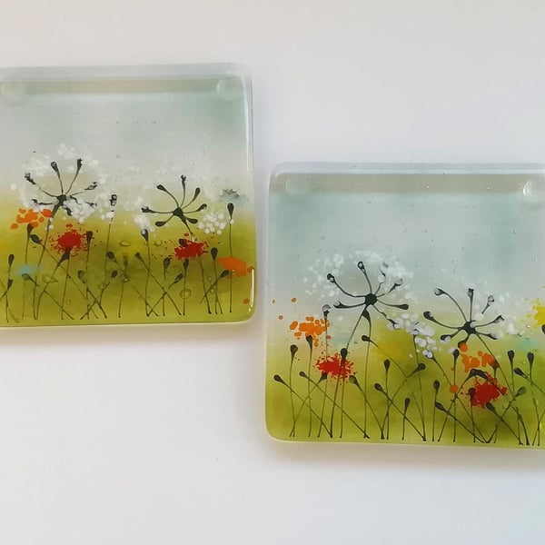 Fused Glass Flower Coasters: Meadow Design, Set of Two