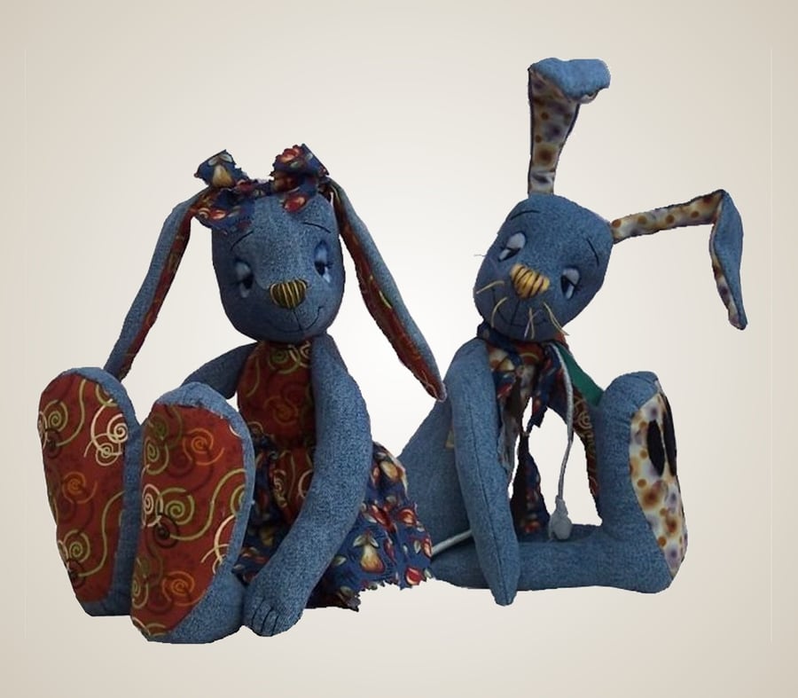 Raggedy rabbit soft toy sewing pattern - great to recycle your denims