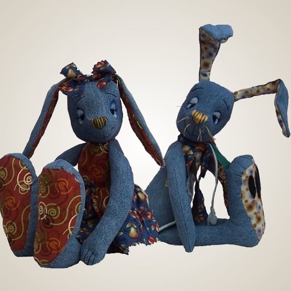 Raggedy rabbit soft toy sewing pattern - great to recycle your denims