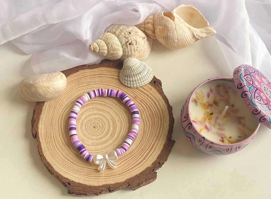 Lavender Clay Bead Bracelet Handmade Stretch Bracelet with Bow Charm