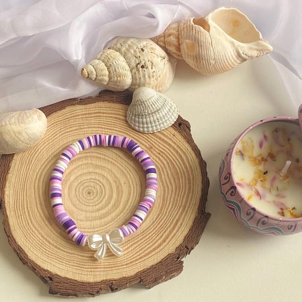 Lavender Clay Bead Bracelet Handmade Stretch Bracelet with Bow Charm