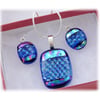 Dichroic Glass Pendant Earring Set 060 Blue Aqua check with silver plated chain