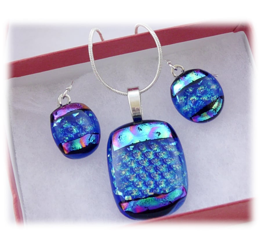 Dichroic Glass Pendant Earring Set 060 Blue Aqua check with silver plated chain