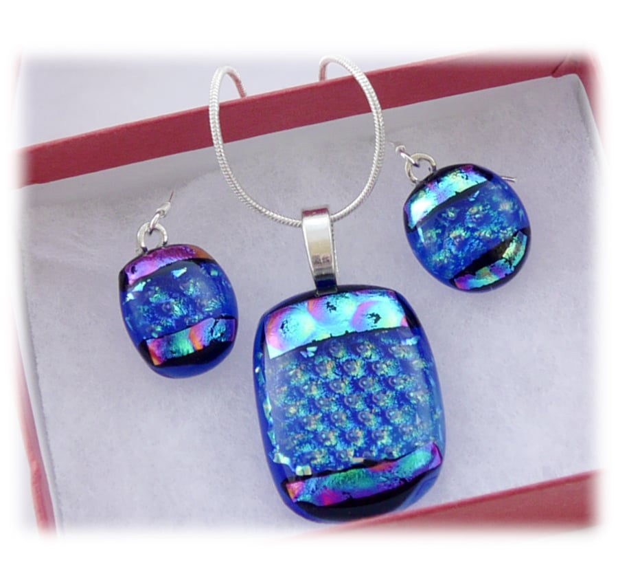 Dichroic Glass Pendant Earring Set 060 Blue Aqua check with silver plated chain