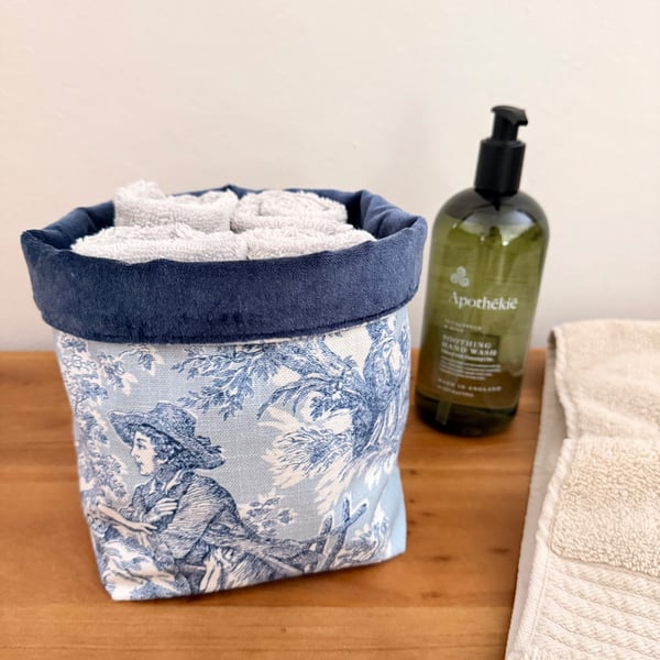 Blue Toile Fabric Storage Basket with Velvet Lining