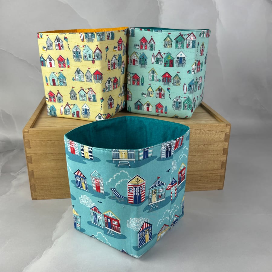 Beach huts fabric basket, Seaside storage bin, 3 options, Handmade
