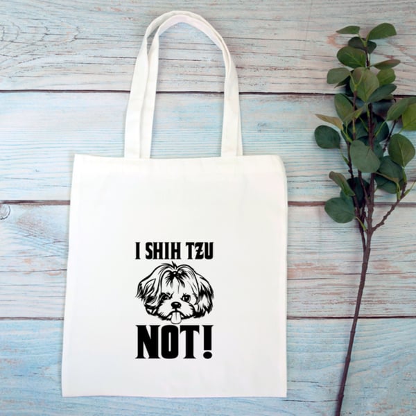 Cotton Tote Bag printed with a fun Shih Tzu, Organic Natural Cotton, Re-usable b