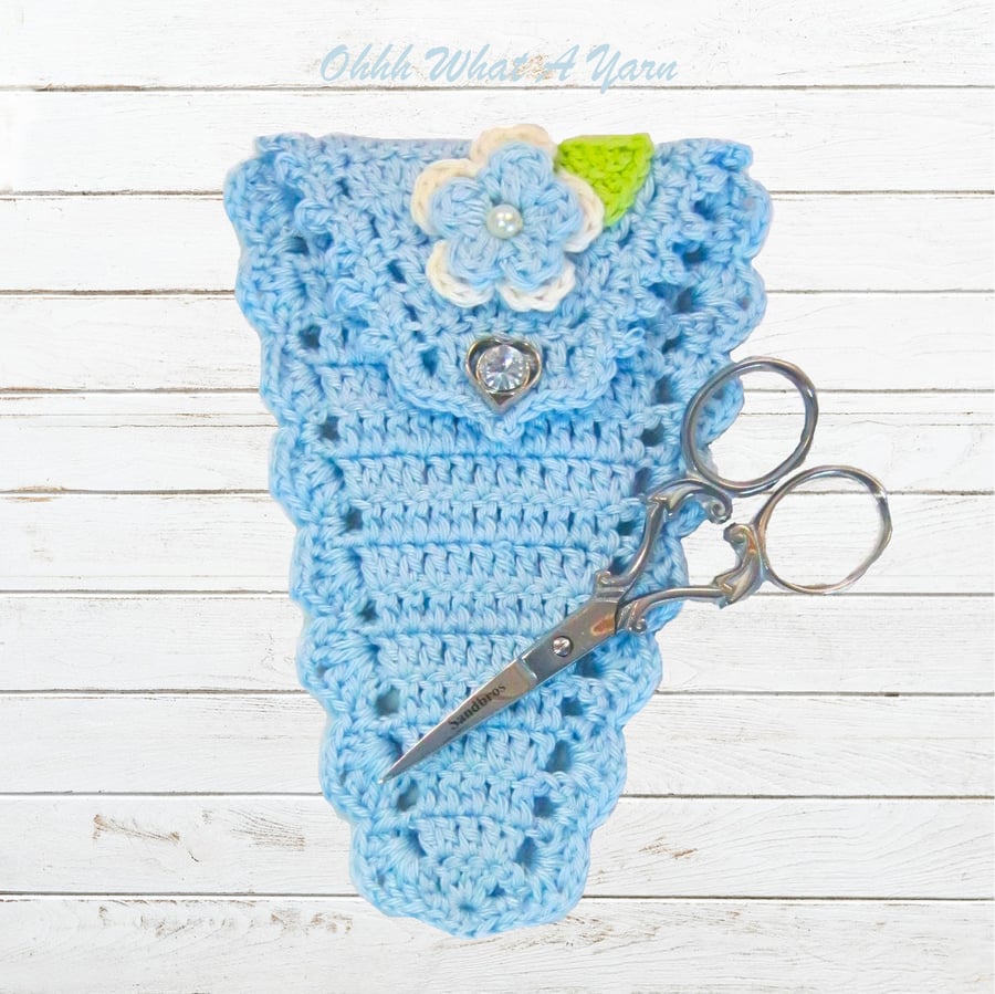 Blue floral crochet scissor case