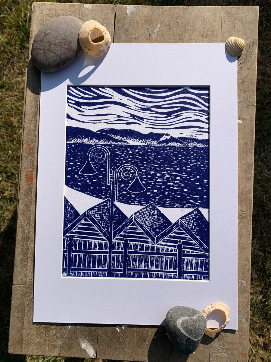 Original Lino print of Lyme Bay