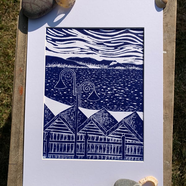 Original Lino print of Lyme Bay
