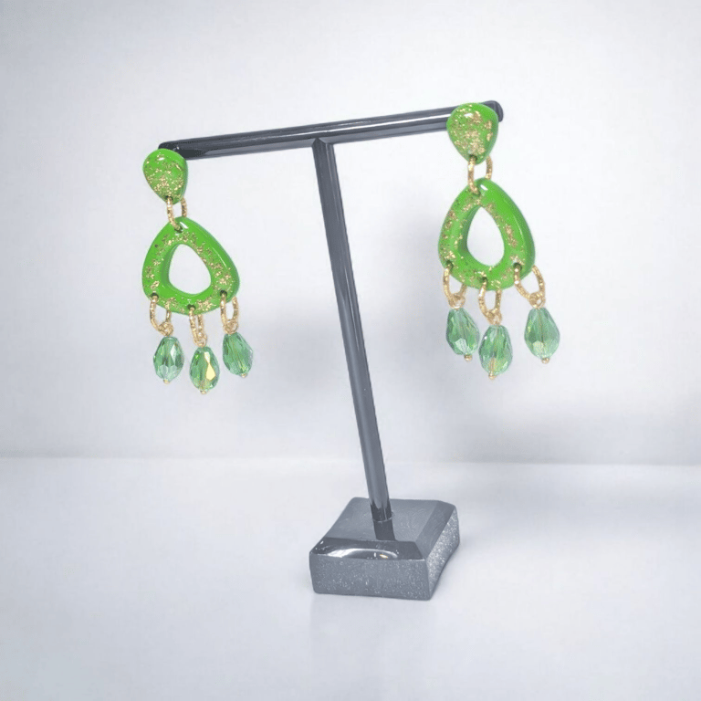 Green triangle shaped polymer clay Dangle Earring with green crystal beads