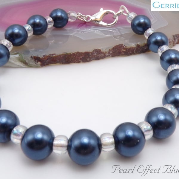 Dark Blue & Clear Bead Round Pearl beaded Silver Bracelet.