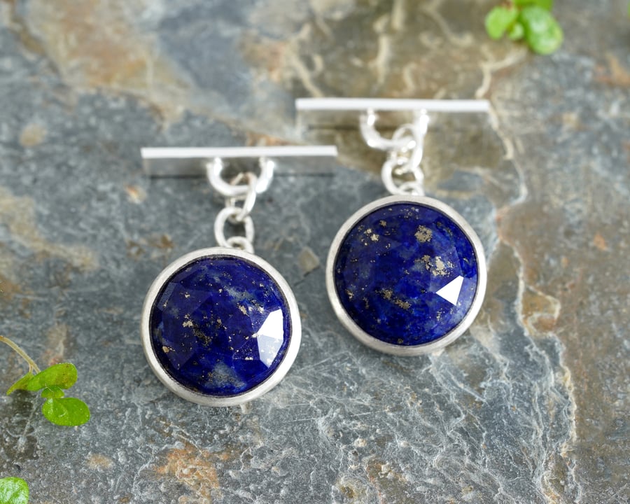 Round Lapis Lazuli Chain Cufflinks in Sterling Silver 