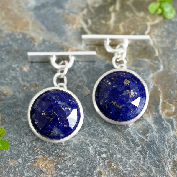 Round Lapis Lazuli Chain Cufflinks in Sterling Silver 