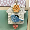Small Ceramic bird house decoration with dangly heart Pottery bird house 
