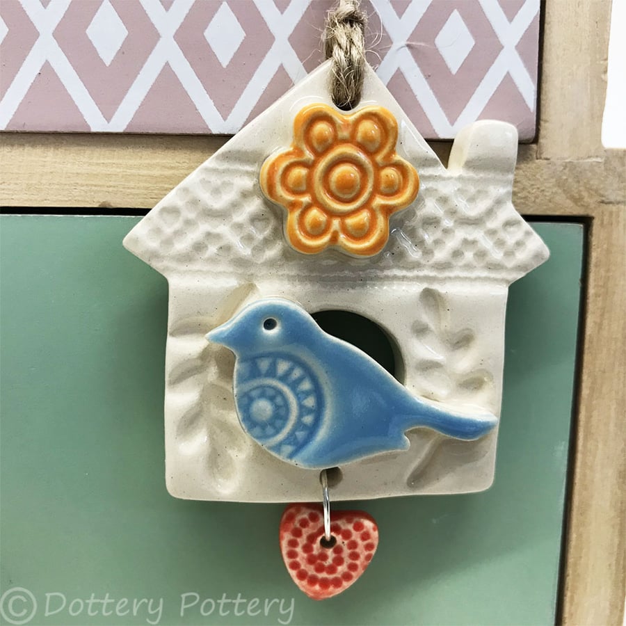 Small Ceramic bird house decoration with dangly heart Pottery bird house 