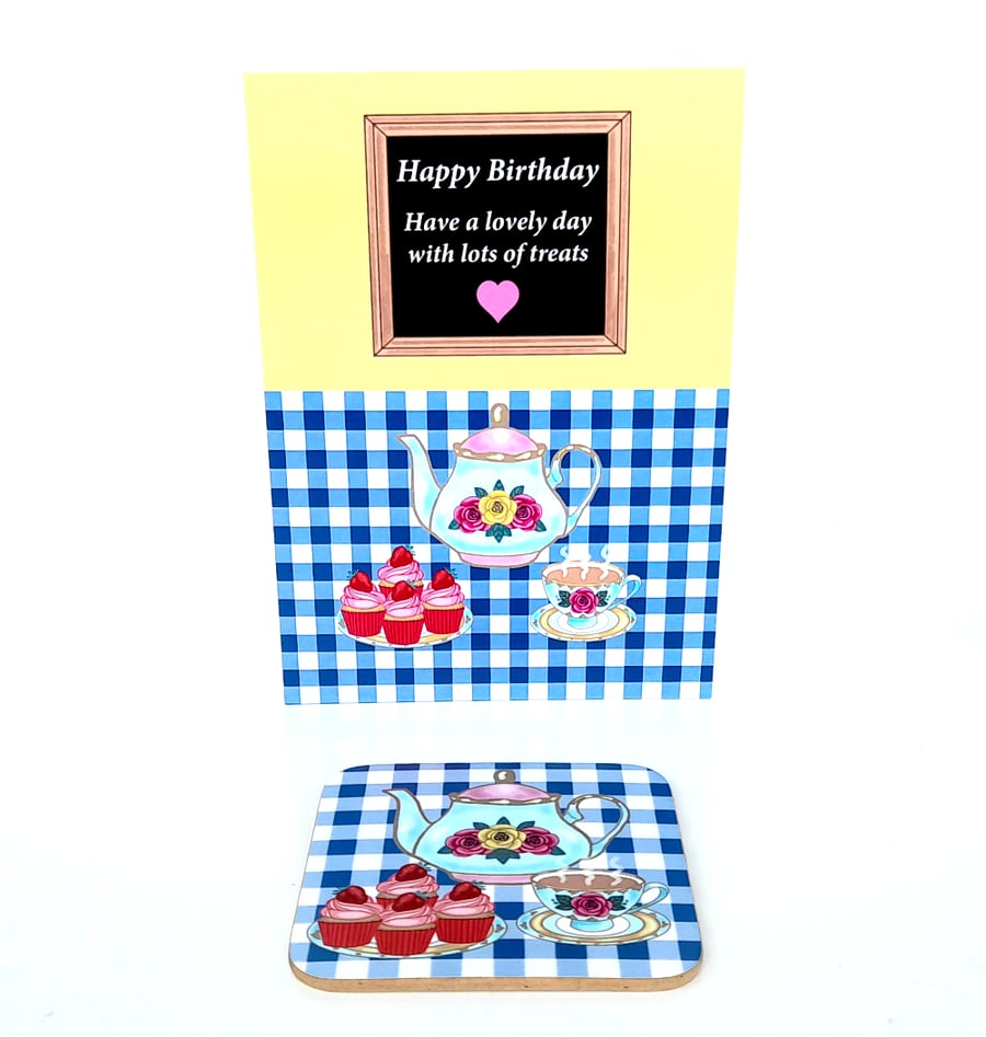 Tea and Cakes Birthday Card and Coaster, Gift for Friend