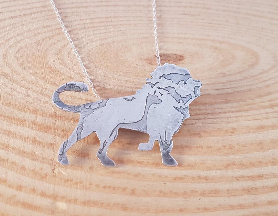 Sterling Silver Etched Silhouette Lion Necklace