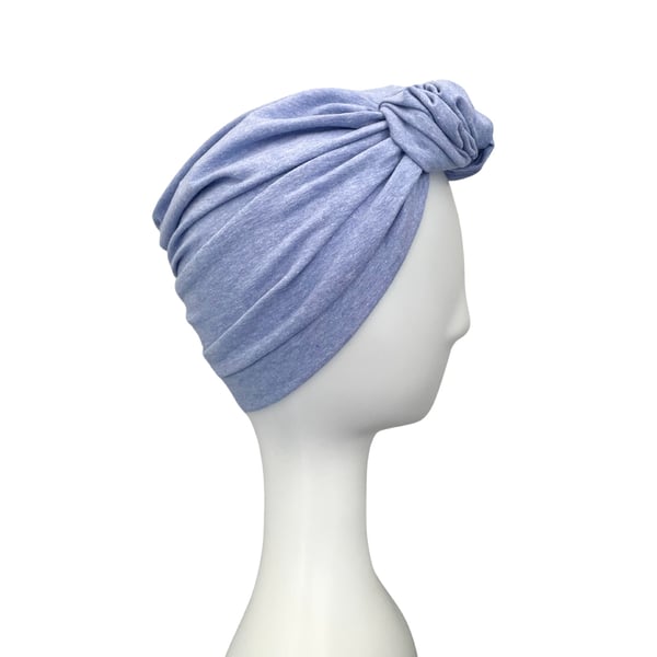 Light Marl Blue Turban Hat for Women, Elastic Cotton Jersey Turban, Alopecia Hat