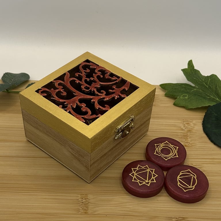 7 Stone Chakra Set in Deep Red and Gold with Storage Box 