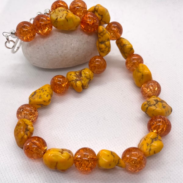 Chunky Golden Yellow Turquoise Bead Necklace 