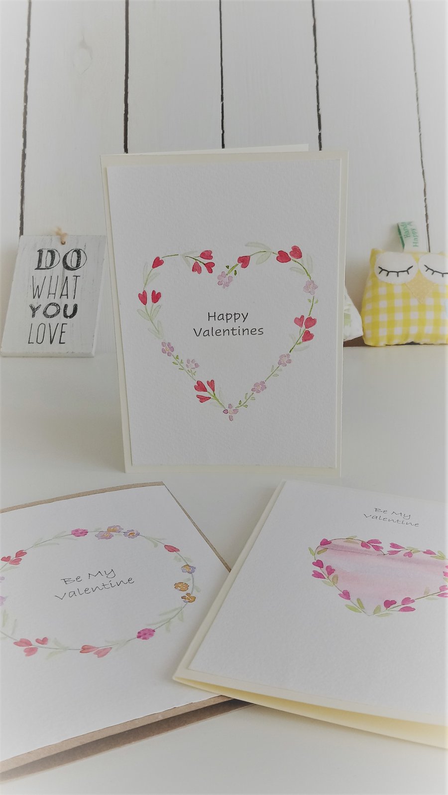 Original Hand Painted Valentine Card with Red & Purple Flower Wreath