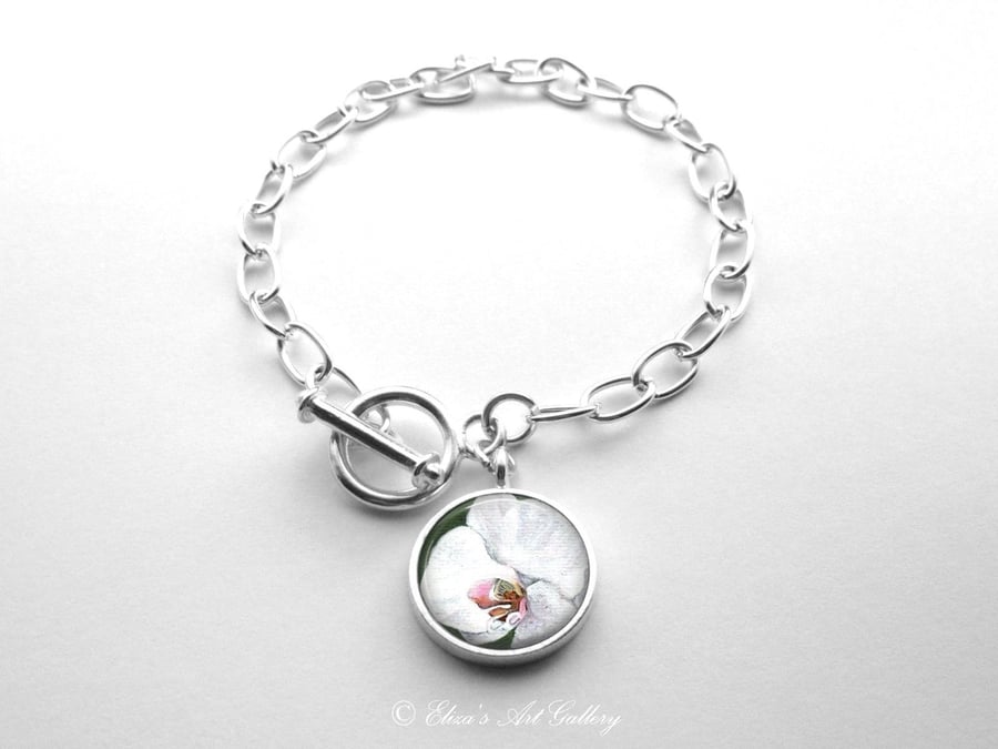 Silver Plated Orchid Flower Art Large Link Charm Bracelet With Toggle