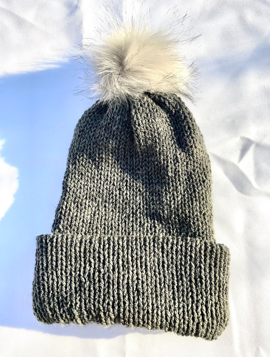 Adult Dark Grey Knitted Hat with Light Grey Pom Pom, Beanie, Bobble Hat