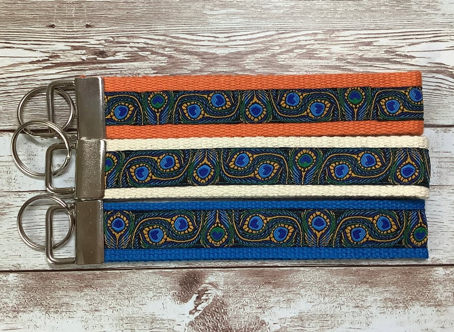 Peacock feathers wristlet key fob, Key ring, 3 colour options, Handmade