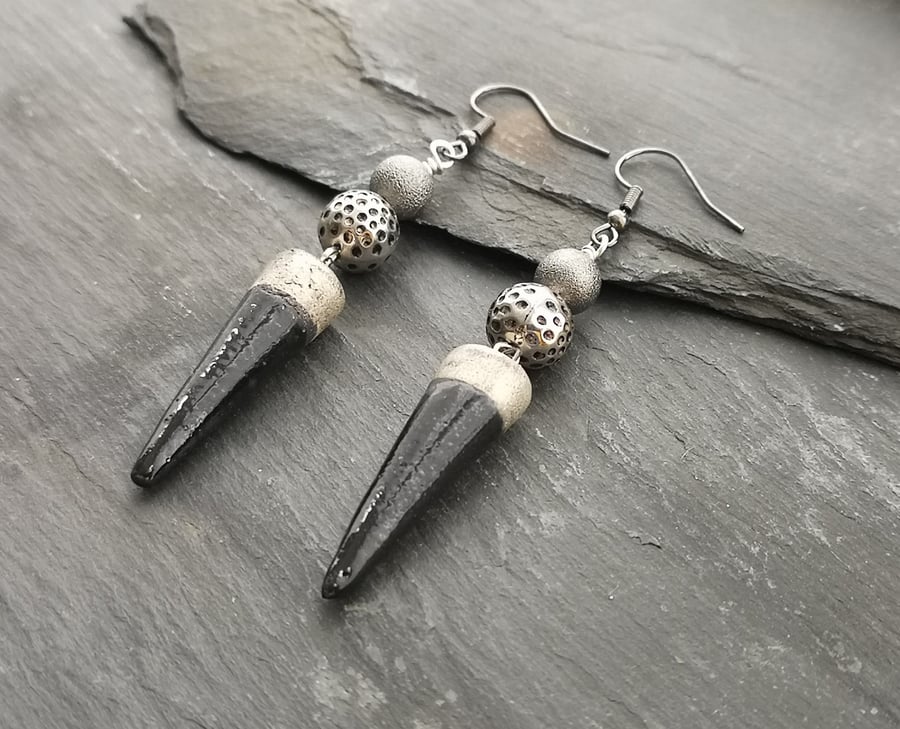 SALE Black and silver ceramic spike dangle earrings