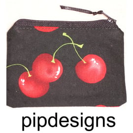 Purse Red Cherry Cherries On Black Coin Credit Card Purse With Zip