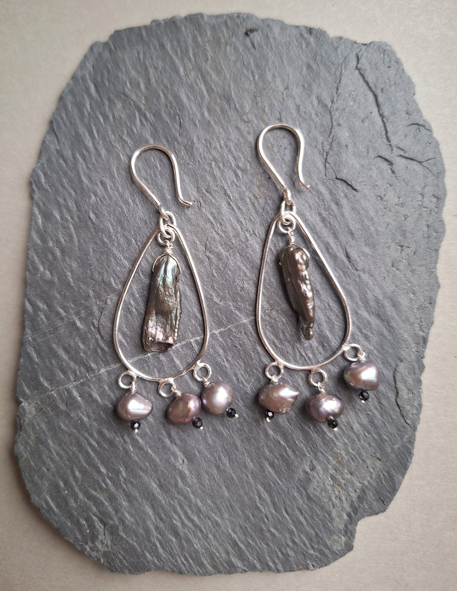Boho style silver earrings with natural pearls and black tourmaline.