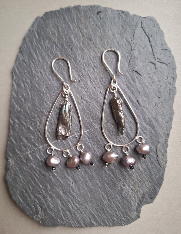 Boho style silver earrings with natural pearls and black tourmaline.