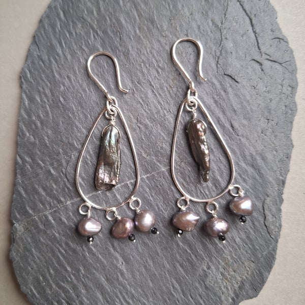 Boho style silver earrings with natural pearls and black tourmaline.