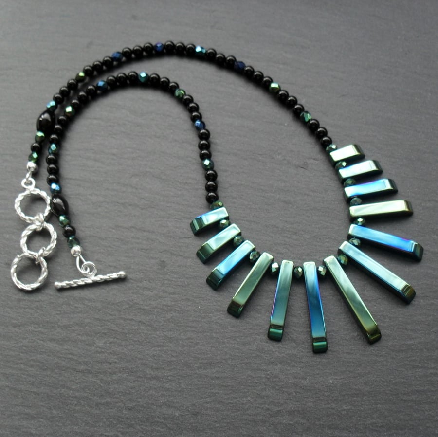 Green Blue Haematite Bib Style Necklace