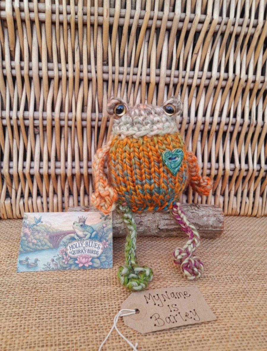 Handmade Knitted Frog named Barley – One of a Kind Frog Ornament Whimsical Gift