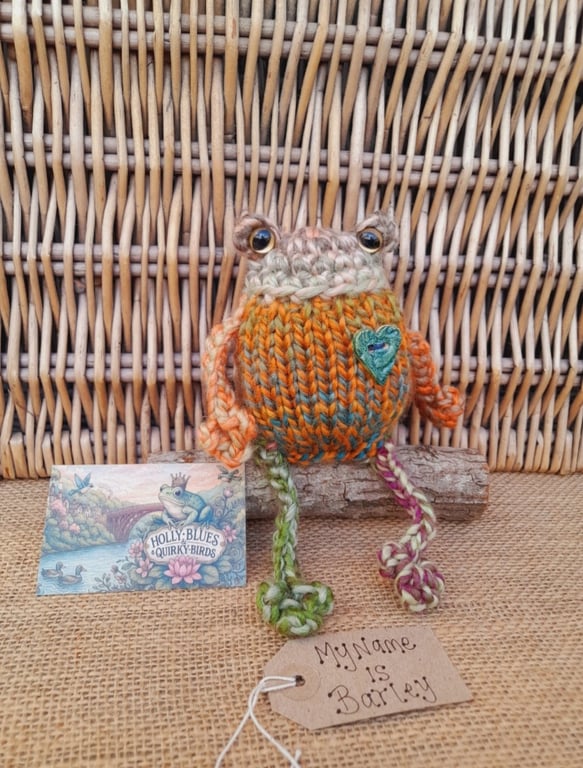 Handmade Knitted Frog named Barley – One of a Kind Frog Ornament Whimsical Gift