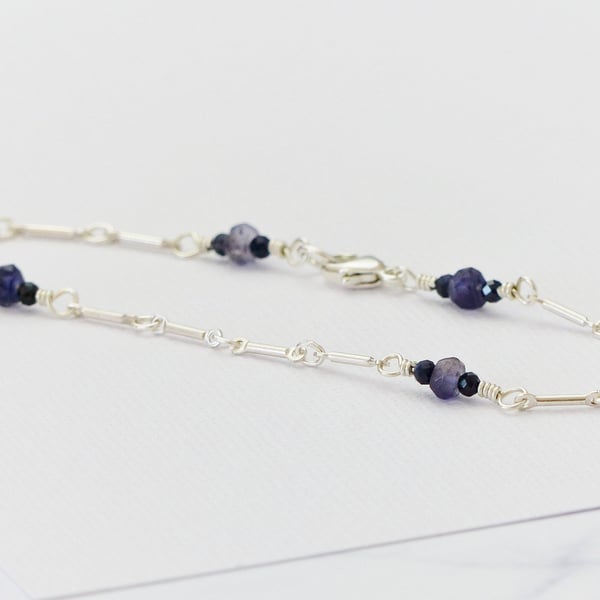 Iolite and Sapphire gemstone bracelet, sterling silver bracelet, gift for her