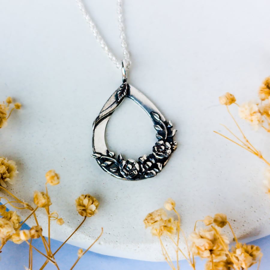 Teardrop Flower Pendant, Recycled Silver Necklace, Nature Inspired