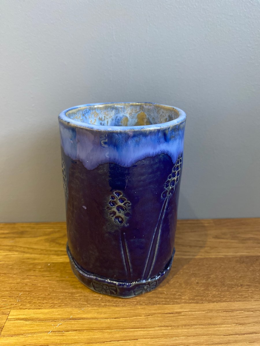 Blue stoneware vase impressed with flowers pen pot 