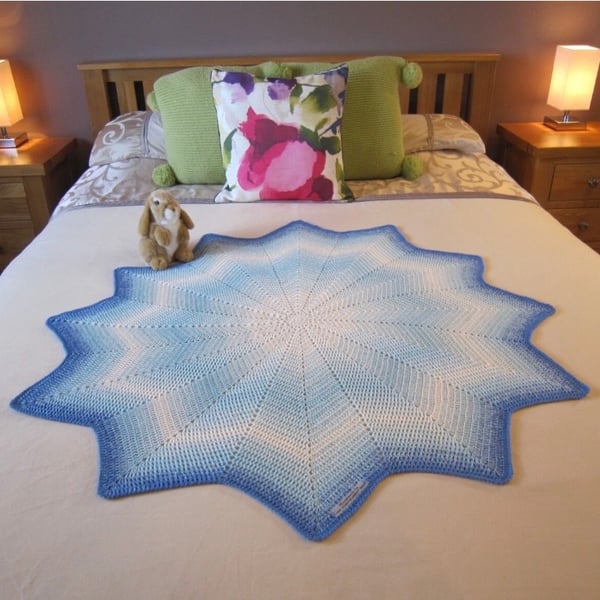 Blue and White Crocheted Baby Blanket, Baby Boy Gift, Star Shape
