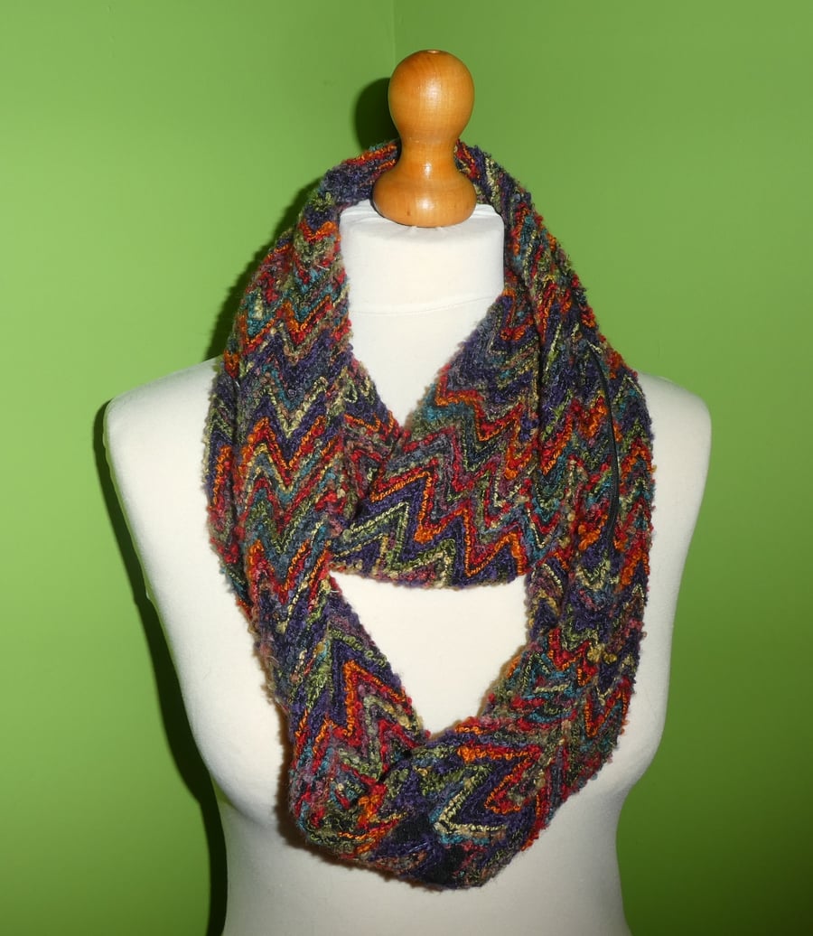  Infinity Cowl in Bright Rainbow Zig Zags with Hidden  Zipped  Pocket.