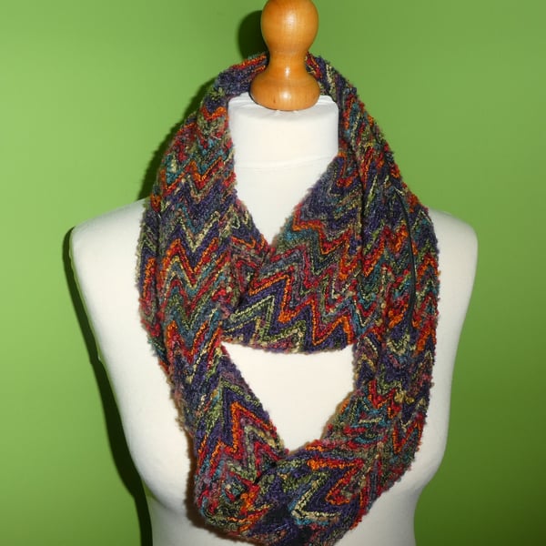  Infinity Cowl in Bright Rainbow Zig Zags with Hidden  Zipped  Pocket.