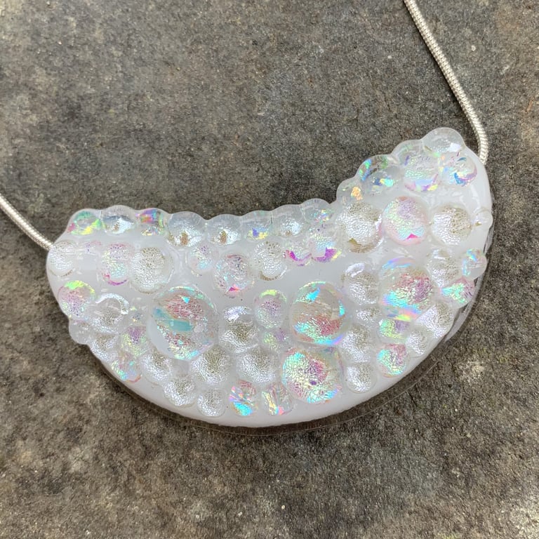 Fused Glass "White Moon" Bubble Pendant - Handmade Glass 
