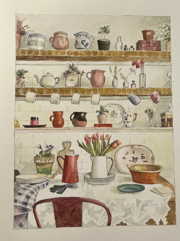 Teatime original gouache painting 