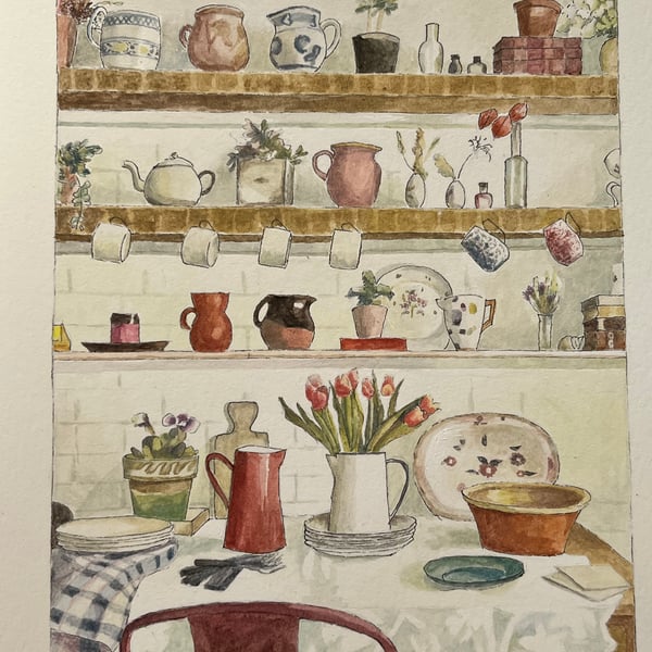 Teatime original gouache painting 