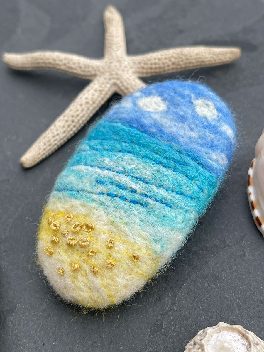 Felted Pebble Brooch – Handmade & Hand Embroidered, Cornwall Inspired